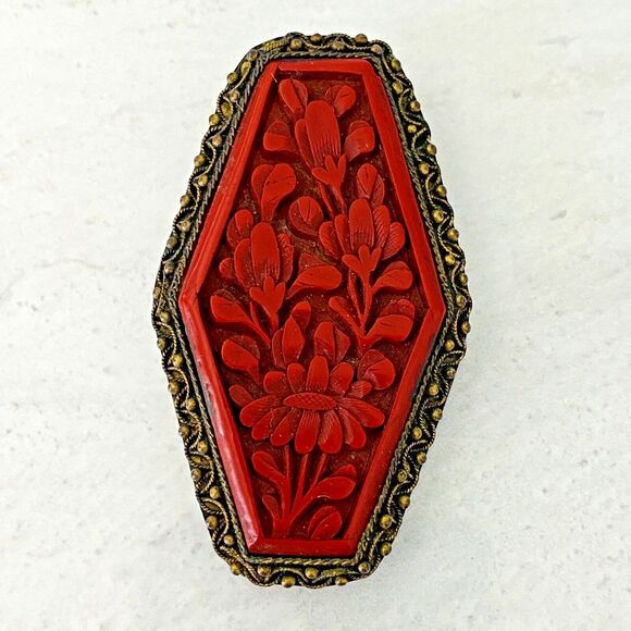Authentic Cinnabar Dress Clip Gold Tone Hexagonal Art Deco Brass Copper 2 3/8" L - Picture 1 of 8